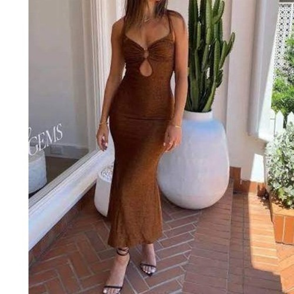 Misha Sz 0 Josette Burnt Copper Metallic Maxi Dress V-Neck Keyhole Gown